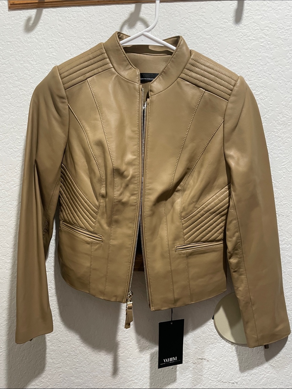 White House Black Market Camel Leather Quilted-Panel Jacket